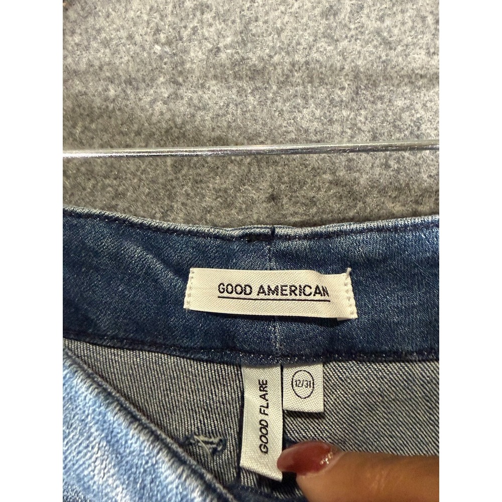 GOOD AMERICAN JEANS WOMEN 31 BLUE DISTRESSED THE GOOD FLARE DENIM STRETCH - Picture 2 of 7